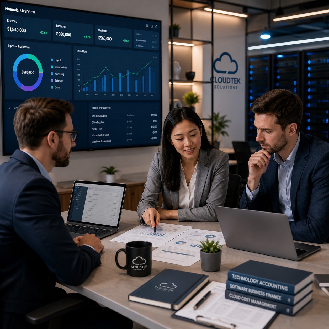 Technology business owner reviewing organized financial reports