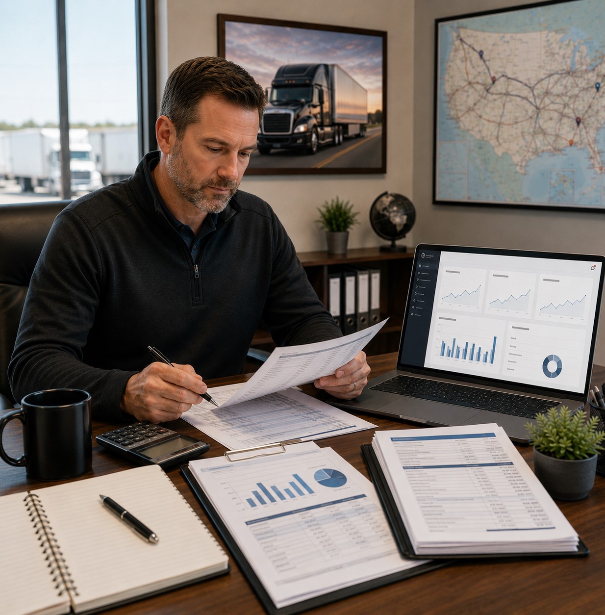 Trucking business owner reviewing organized financial reports